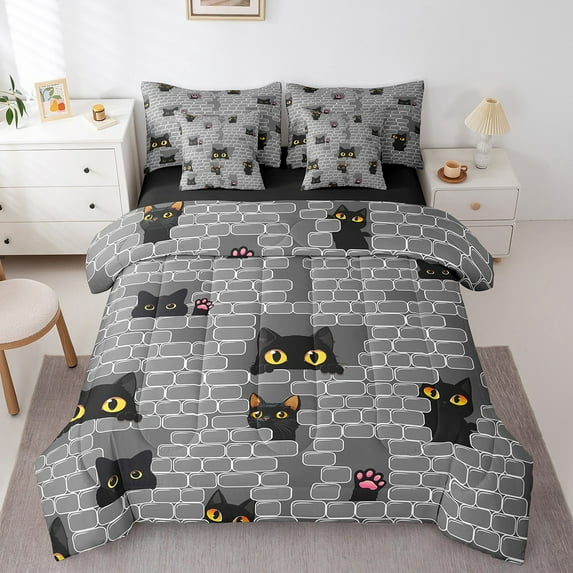 Erosebridal Funny Black Cat Bedding Sets Queen Size, Grey Geometric Blocks Comforter Sets with Sheets, Kitten Home Decor, Super Cozy 7 Pieces