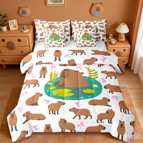 Erosebridal Funny Capybara 7-Piece Twin Bedding Sets,Cartoon Ribbon Bows Bedding Comforter Set For Girls Kids Reversible