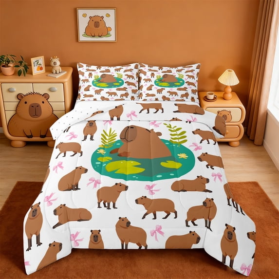 Erosebridal Funny Capybara Full Size Comforter Sets,Cartoon Ribbon Bows Bedding Sets For Girls Kids Reversible 3pcs