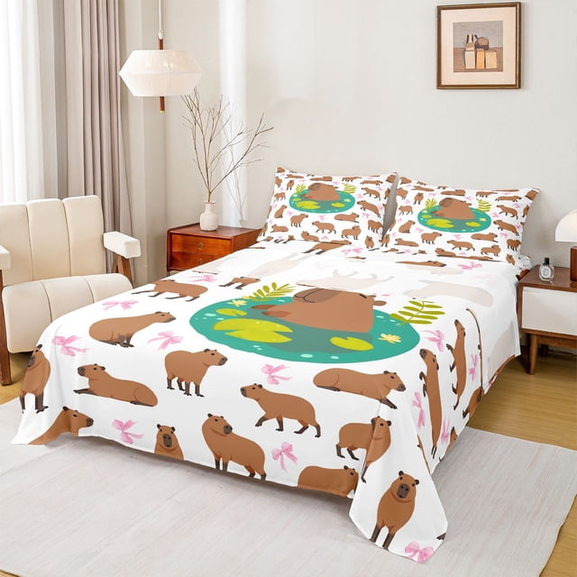 Erosebridal Funny Capybara Full Size Sheets,Cartoon Ribbon Bows Bed Sheets For Girls Kids 4pcs