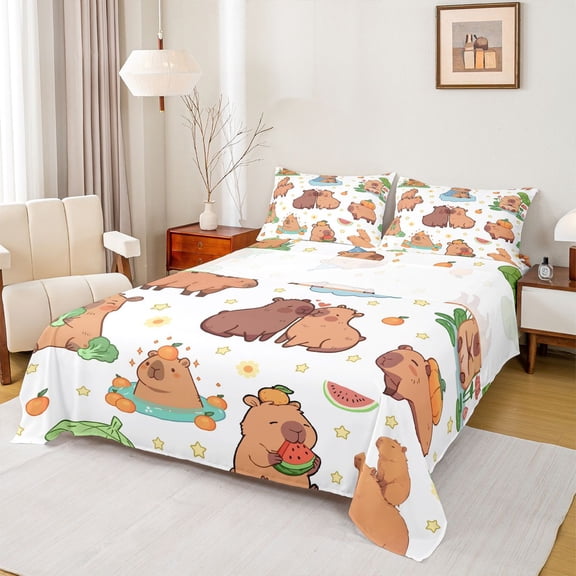 Erosebridal Funny Capybara Full Size Sheets for Kids Boys Girls, Cartoon Animal Bed Sheets, 1 Flat Sheet, 1 Fitted Sheet and 2 Pillowcases