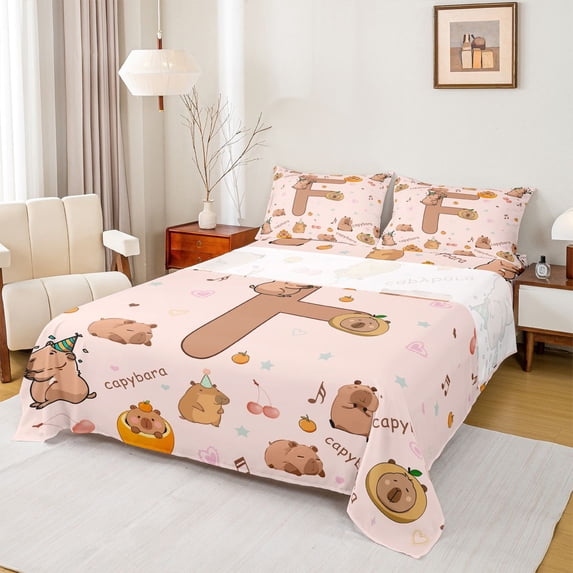 Erosebridal Funny Capybara Kid Full Size Sheets, Brown Letter F Bed Sheets, 4pcs