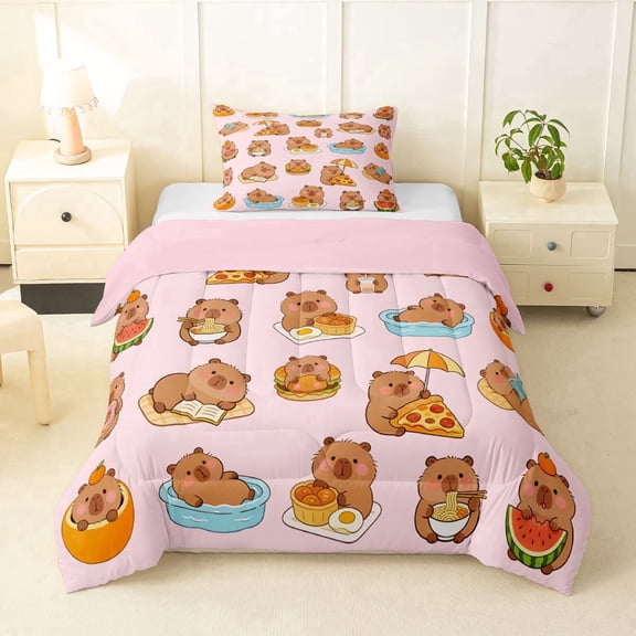 Erosebridal Funny Capybara Pattern Twin Comforter Sets,Hawaii Summer Holiday Bedding Set For Kids Girls ,Reversible Pink 2pcs