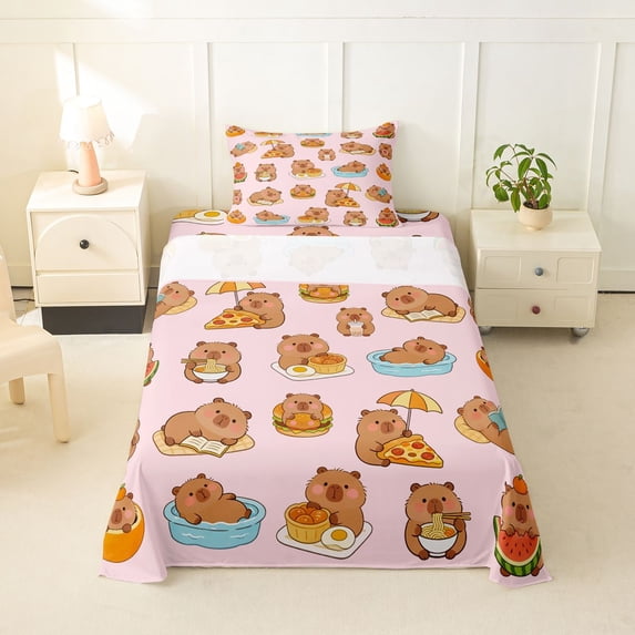 Erosebridal Funny Capybara Pattern Twin Sheet Sets,Hawaii Summer Holiday Bedding For Kids Girls 3pcs