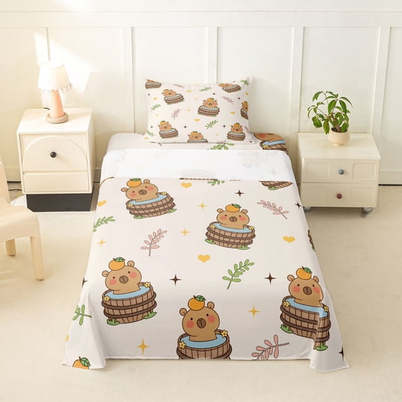 Erosebridal Funny Capybara Twin Sheet Sets For Capybara Lover,Orange Loves Pattern Bedding For Kids Girls 3pcs