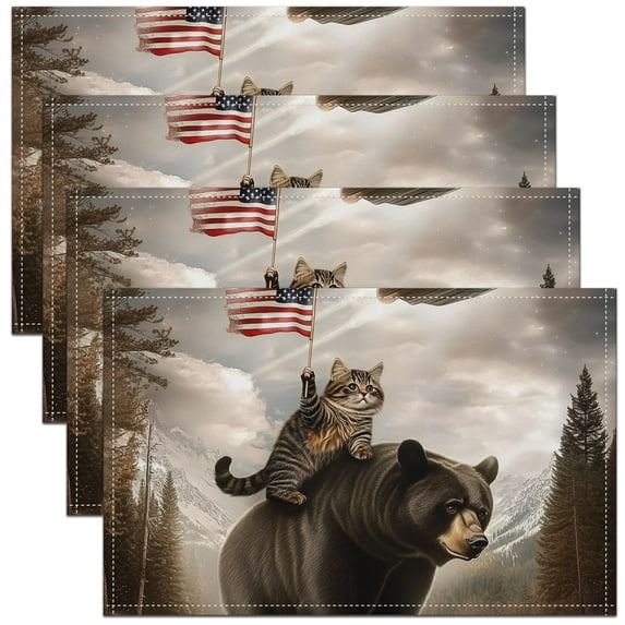 Erosebridal Funny Cat Bear Placemats Set of 4, Animal Theme Table Mats for Dining Table Set of 4, US Flag Print Room Decor