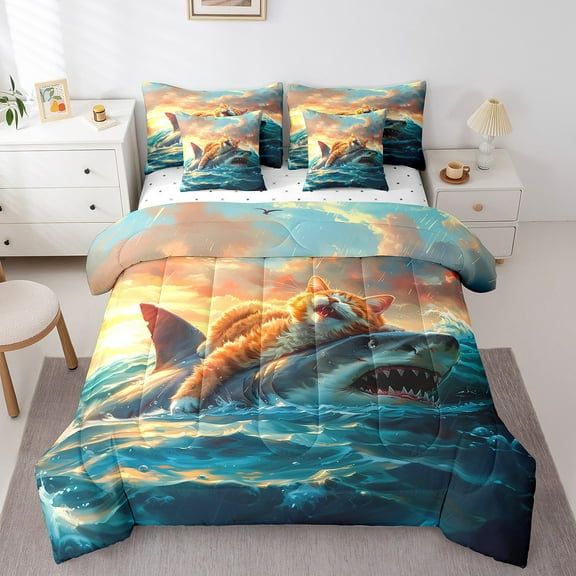 Erosebridal Funny Cat Riding Shark Bed in a Bag Queen Size, Marine Animal Wildlife Bed Set, Sea Room Decor, Reversible 7pcs