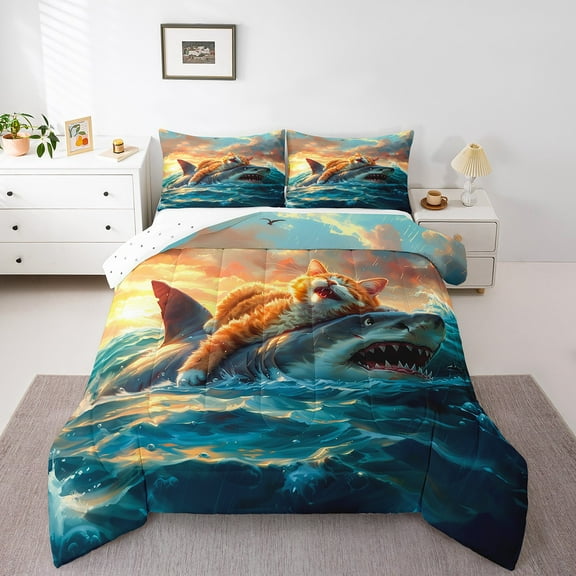 Erosebridal Funny Cat Riding Shark Comforter Sets Twin Size, Marine Animal Wildlife Comforters & Duvets, Sea Room Decor, Reversible 2pcs