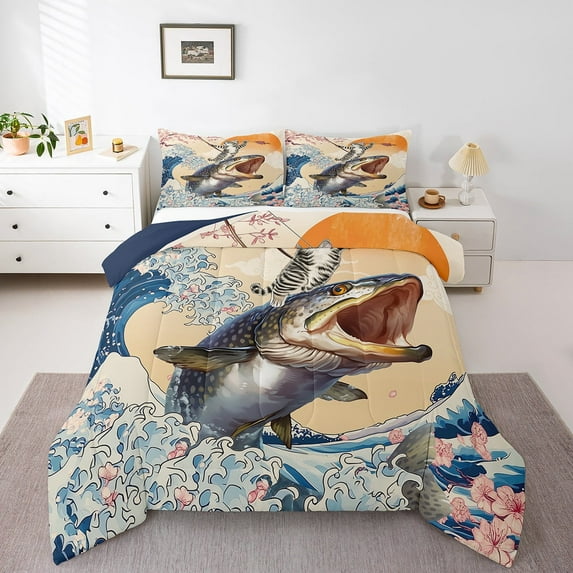 Erosebridal Funny Cat Twin Size Comforter Set Japanese Ocean Wave Bedding Set for Room Decor, Big Pike Fish Down Comforter Pink Cherry Blossoms Bed Set, Asian Fun Anime Quilted Duvet