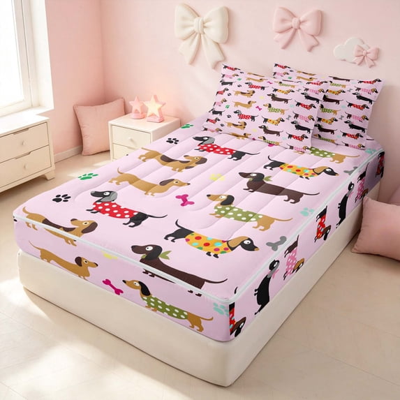 Erosebridal Funny Dachshund Zipper Twin Comforter Sets with Fitted Sheet and 2 Pillowcases, Cute Pet Dog Zipper Bedding Set, Pink Reversible