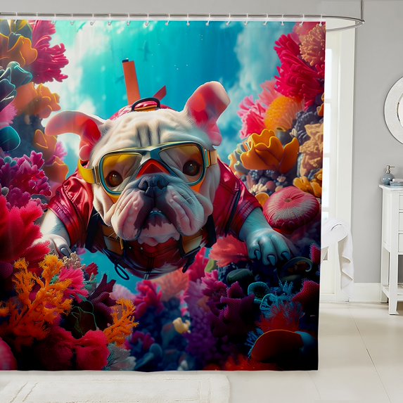 Erosebridal Funny Diving Pug Dog Shower Curtain 72x78, Kawaii Pet Animal Bath Curtain, Ocean Coral Room Decor Waterproof