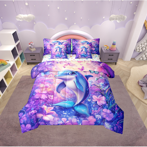 Erosebridal Funny Dolphin Bed in a Bag Twin size, Dreamy Flower Bed Set, Ocean Animal Reversible Bedding Twin Size, Microfiber Bedroom Decoration