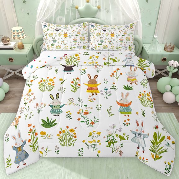 Erosebridal Funny Easter Rabbit Queen Comforter Set for Kids, Floral Leaves Bedding Comforter Set, Polka Dots Reversible 2 Pieces, 1 Comforter and 2 Pillowcases