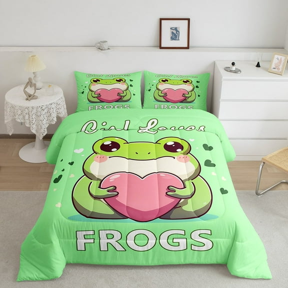 Erosebridal Funny Frog Bedding Sets Queen with Comforter, Pink Heart Duvet Insert, Cartoon Wildlife Decor, Reversible 3 Pieces