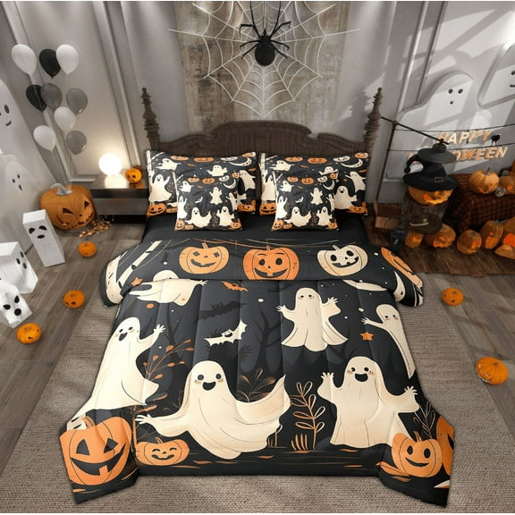 Erosebridal Funny Ghost Bed in a Bag Full size, Halloween Pumpkin Bed Set, Jungle Bat Reversible Bedding Full Size, Breathable Bedroom Decor, 7 Pieces