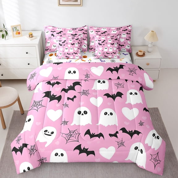 Erosebridal Funny Ghost Bed in a Bag Queen size, Bat Print Bed Set, Halloween Animal Reversible Bedding Queen Size, Breathable Bedroom Decorative, 7pcs