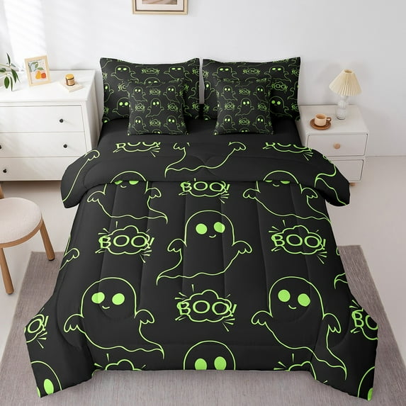 Erosebridal Funny Ghost Bedding Twin Size,Holleween Theme Comforter Sets with Sheets,Green Black Bedding Sets Twin Size,Microfiber Bedroom Decoration Reversible,7pcs