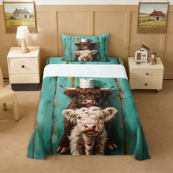 Erosebridal Funny Highland Cow Pair Toilet Paper Twin Sheet Sets for Boys and Girls, Brown White Teal Bedding, 3-Piece, 1 Flat Sheet, 1 Fitted Sheet and 1 Pillowcase