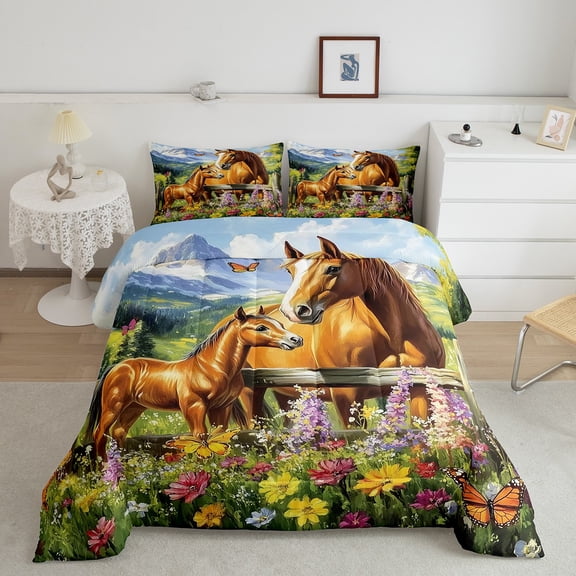 Erosebridal Funny Horse Comforter Sets Twin Size, Colorful Daisy Comforters & Duvets, Rustic Farmhouse Reversible Duvet Insert, Ultra Soft Bedroom Decorative, 2pcs