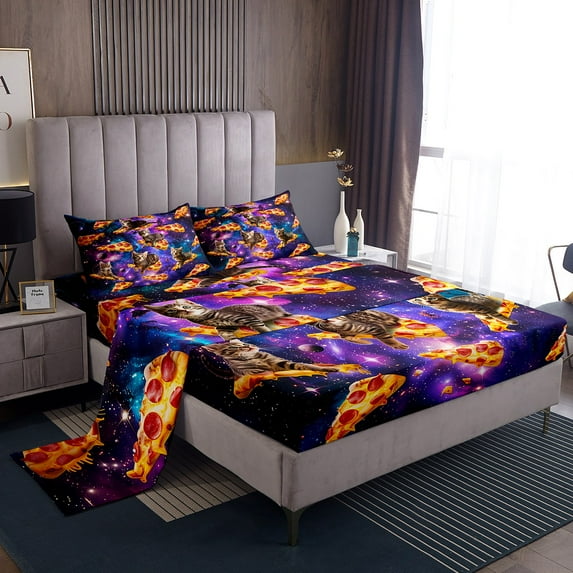 Erosebridal Funny Pizza Cat Full Sheet Sets, Purple Galaxy Cosmos Stars Bedding Full Size, Super Cozy 4pcs