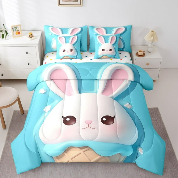 Erosebridal Funny Rabbit Bed in a Bag Queen size, Kawaii Bunnies Bed Set, Baby Blue, Reversible 7 Pieces