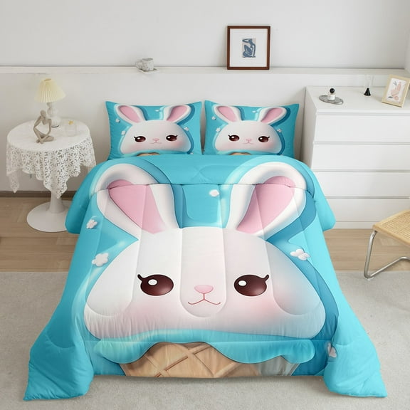 Erosebridal Funny Rabbit Comforter Sets Twin Size, Kawaii Bunnies Comforters & Duvets, Baby Blue, Super Cozy 2 Pieces