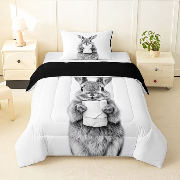 Erosebridal Funny Rabbit Twin Comforter Sets, White Gray Bedding Set, Black Reversible 2 Pieces, 1 Comforter and 1 Pillowcase