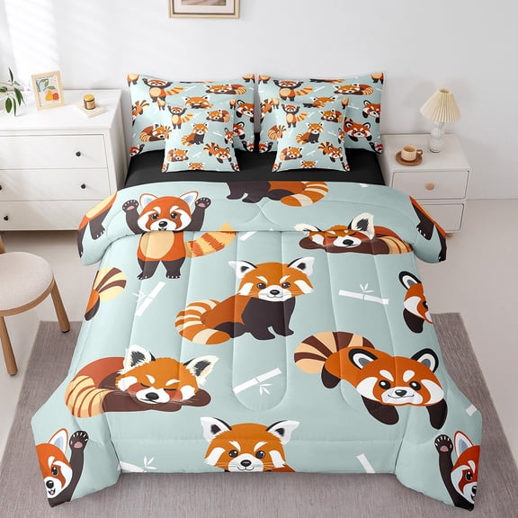 Erosebridal Funny Raccoon Bed in a Bag King size, Red Panda Bedding King Size Kawaii Animal Reversible Comforter Sets with Sheets, Microfiber Room Decor, 7 Pieces
