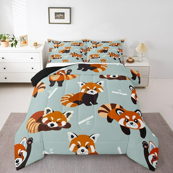Erosebridal Funny Raccoon Bedding Sets Twin with Comforter, Red Panda Duvet Insert Kawaii Animal Reversible Bedding Twin Comforter Set, Microfiber Room Decor, 2 Pieces