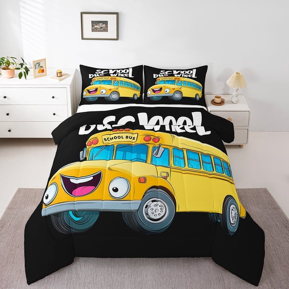 Erosebridal Funny School Bus Bedding King Comforter Set, Orange Black Down Comforter, Go to School Gifts Bedding Sets King with Comforter, Microfiber Bedroom Decor, 3 Pieces
