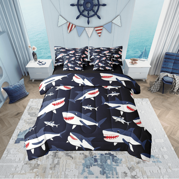 Erosebridal Funny Shark Bed in a Bag Full size, Kawaii Sealife Bed Set, Cartoon Ocean Reversible Bedding Full Size, Ultra Soft Bedroom Decor, 7pcs