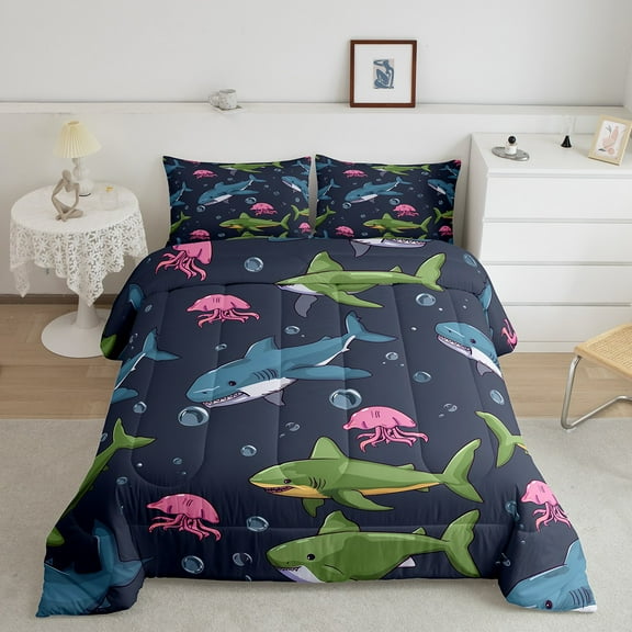 Erosebridal Funny Shark Comforter Sets Full Size, Cartoon Jellyfish Comforters & Duvets, Sea Animal Reversible Duvet Insert, Breathable Bedroom Decoration, 3pcs