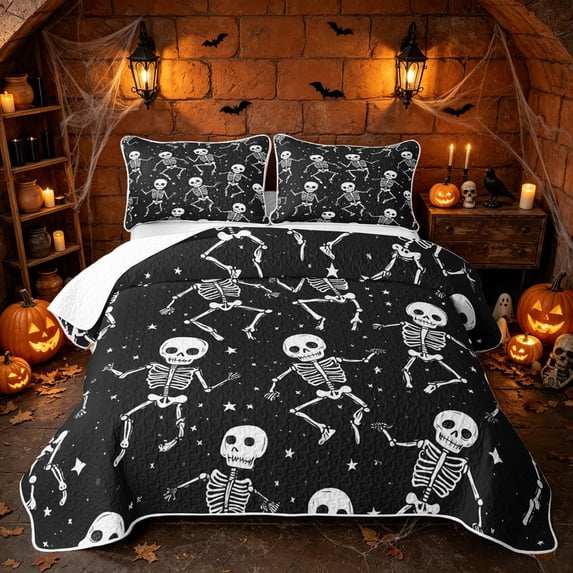 Erosebridal Funny Skull Skeleton Twin Quilt Set, Cartoon Stars Twin Coverlet Set for Boys Girls, Black White, 2pcs 1 Bedspread and 1 Pillowcase