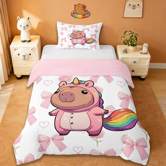 Erosebridal Funny Unicorn Capybara Twin Bedding For Kids,Cartoon Rodent Animals Duvet Cover Set For Bowknot Girls ,Reversible Pink 2pcs,No Comforter