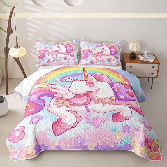 Erosebridal Funny Unicorn Twin Quilt Set for Girls, Rainbow Flower Twin Coverlet Set, 2-Piece 1 Quilt and 1 Pillowcase