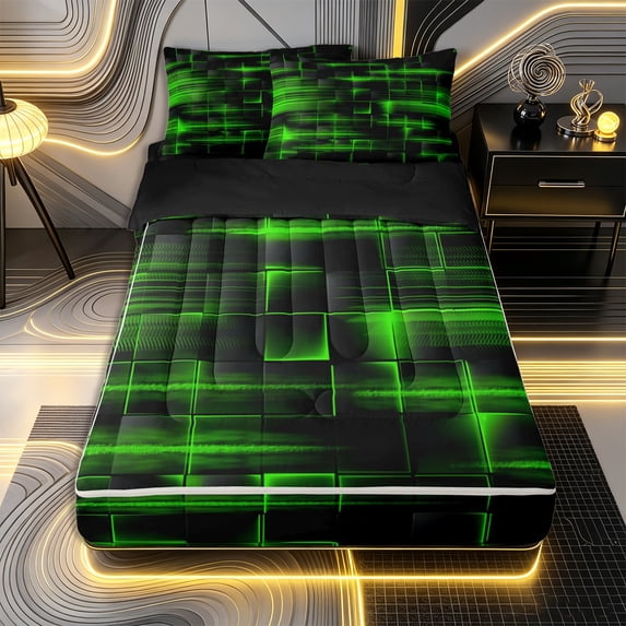 Erosebridal Futuristic Chechered Zipper Twin Comforter Sets with Fitted Sheet and 2 Pillowcases,Glowing Cube Print Zipper Bedding Set,Green Black,Black Reversible