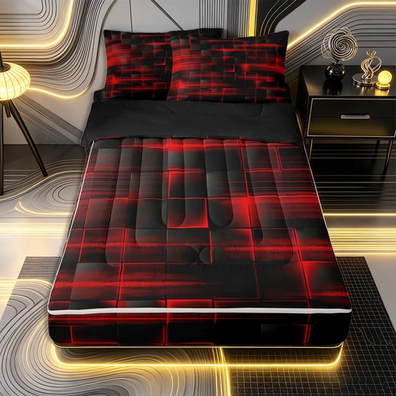 Erosebridal Futuristic Cube Zipper Full Size Comforter Sets with Fitted Sheet and 2 Pillowcases,Glowing Stripe Print Zipper Bedding Set,Red Black Gray,Black Reversible