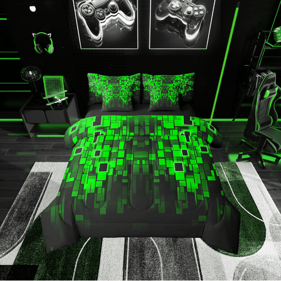 Erosebridal Futuristic Cubes Bedding Sets Twin Size,Black Green Comforter Sets with Sheets,Geometric Plaid Bed in a Bag Twin size,Microfiber Teenager Bedroom Decor,Reversible,7-Piece