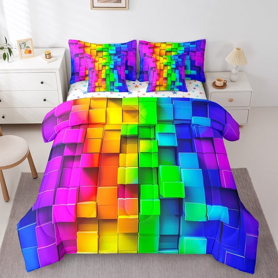 Erosebridal Futuristic Cubes Bedding Sets Twin Size,Geometric Plaid Comforter Sets with Sheets,Colorful Brick Bed in a Bag Twin size,Microfiber Buffalo Bedroom Decor,Reversible,7-Piece