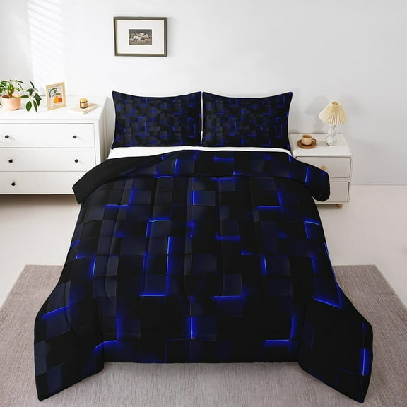 Erosebridal Futuristic Cubes Bedding Twin Comforter Set,Plaid Buffalo Down Comforter,Geometric Grid Bedding Sets Twin with Comforter,Microfiber Gradient Room Decoration,Reversible,3pcs