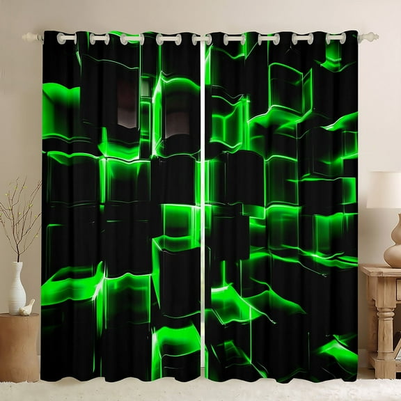 Erosebridal Futuristic Cubes Curtains and Drapes (38Wx54L),Neon Green 30%-50% Blackout Curtains for Bedroom,Curtains for Living Room,Geometric Room Decorative