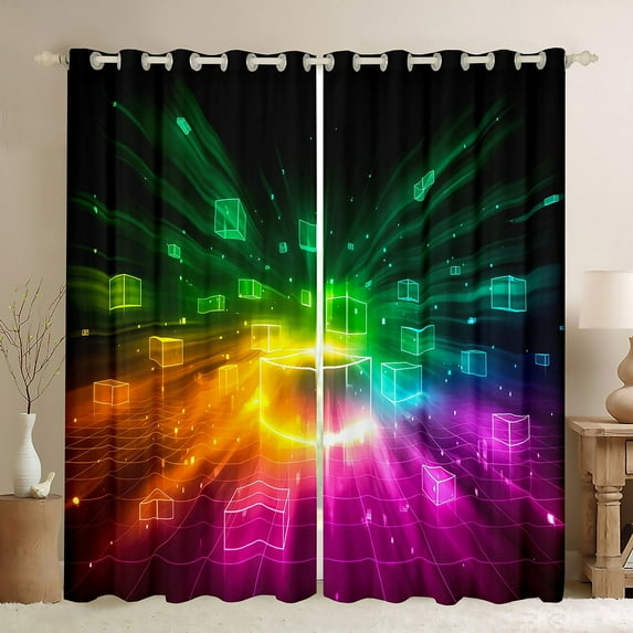 Erosebridal Futuristic Cubes Curtains for Living Room,Geometric Plaid 30%-50% Blackout Curtains Set of 2 (38x45),Grid Checkerd Curtains and Drapes (38x45),Gradient Bedroom Decoration