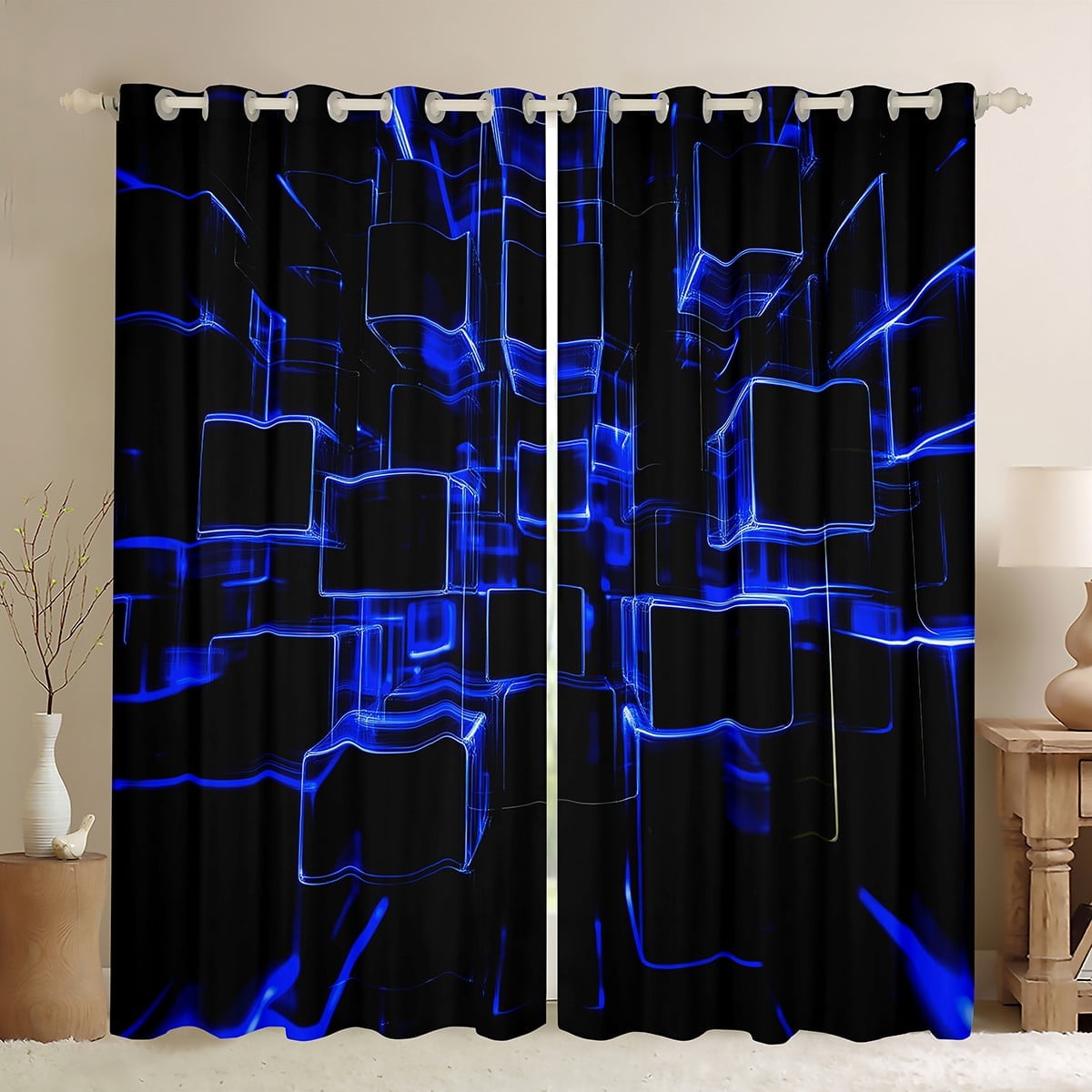 Erosebridal Futuristic Cubes Curtains Pack of 2 (42Wx63L),Neon Blue 30%-50% Black Out Curtains,Curtains for Living Room,Geometric Room Decorative