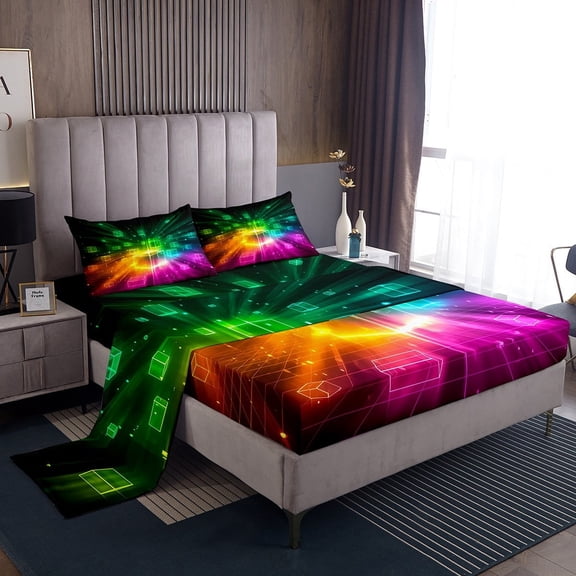Erosebridal Futuristic Cubes Sheet Set Twin,Geometric Plaid Bedding Sets Twin Size,Grid Checkerd Twin Sheet Sets,Super Cozy Gradient Bedroom Decoration,3pcs