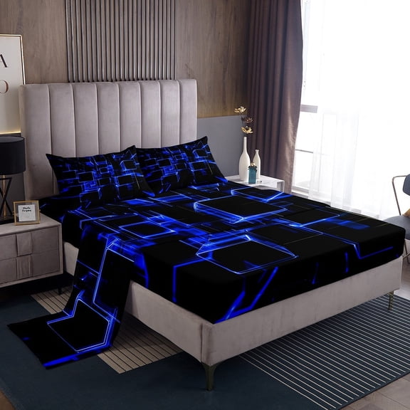 Erosebridal Futuristic Cubes Sheet Set Twin,Neon Blue Bedding Sets Twin Size,Microfiber Bed Sheets Twin,Geometric Room Decorative,3pcs