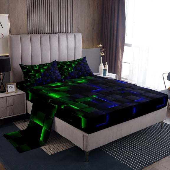 Erosebridal Futuristic Cubes Sheet Set Twin,Plaid Buffalo Bedding Sets Twin Size,Geometric Grid Twin Sheet Sets,Microfiber Gradient Room Decoration,3pcs