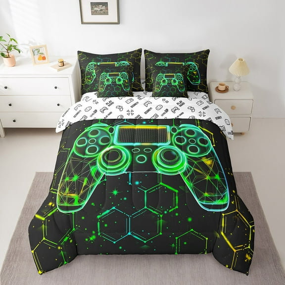 Erosebridal Futuristic Gamepad Bed in a Bag Twin size, Gaming Sports Bed Set, Neon Geometric Decor, Reversible