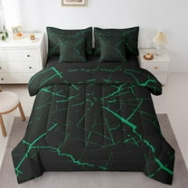 Erosebridal Futuristic Geometry Bedding Sets Twin Size, Stripes Abstract Comforter Sets with Sheets, Black Green Reversible Bed Set, Breathable Room Decorative, 7pcs
