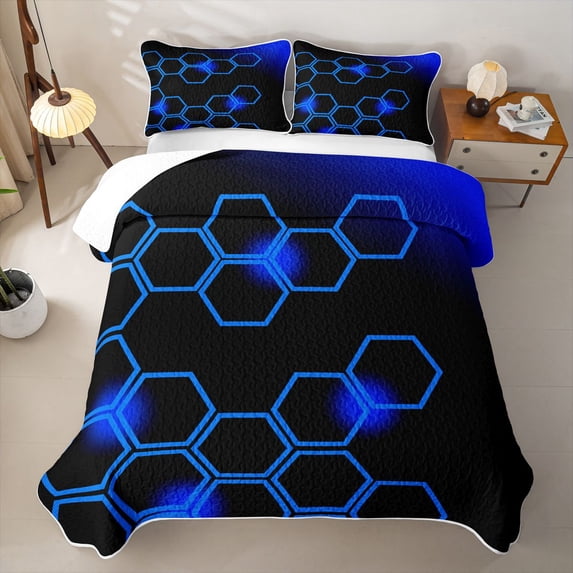 Erosebridal Futuristic Hexagon Twin Quilt Set for Boys Men, Neon Glow Print Twin Coverlet Set, Blue Black, 2-Piece