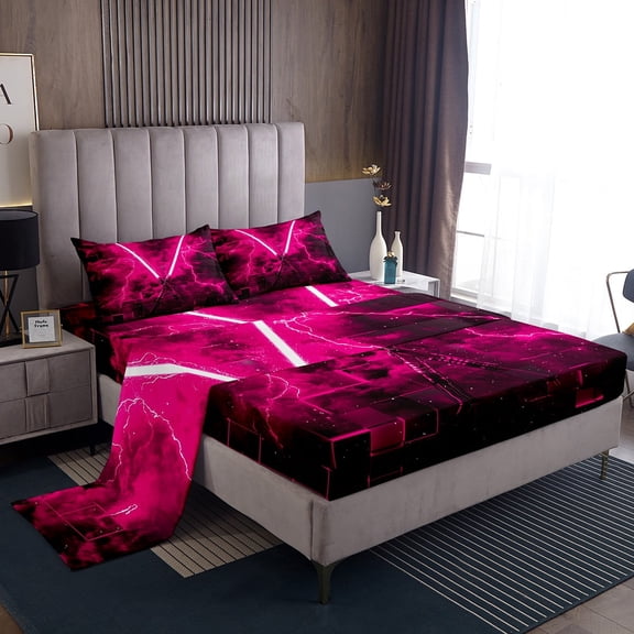 Erosebridal Futuristic Lightning Twin Sheets, Hot Pink 3D Square Print Bedding, 3pcs, 1 Flat Sheet, 1 Fitted Sheet and 1 Pillowcase